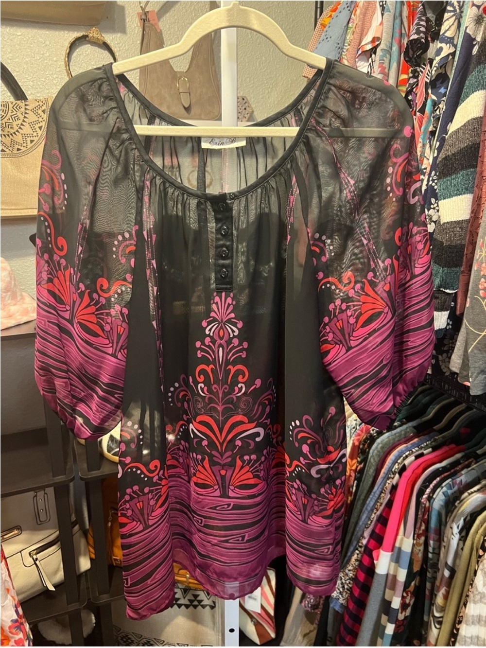 Women's Black Sheer Blouse with Pink & Red Floral Accents